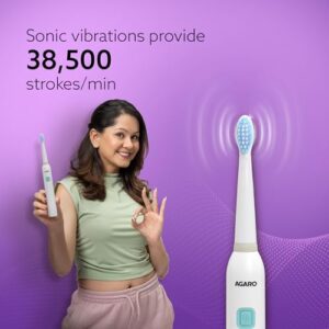 AGARO COSMIC Lite Sonic Electric Toothbrush For Adults With 6 Modes, 3 Brush Heads, 1 Interdental Head And Rechargeable With 3.5 Hours Charge Lasting Upto 25 Days, Power...