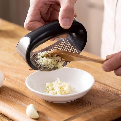 Catron Garlic Chopper Stainless Steel,Garlic Chopper | Garlic Press | Garlic Peeler Manual, Curve Fruit Vegetable Tools for Kitchen (Silver-Black)