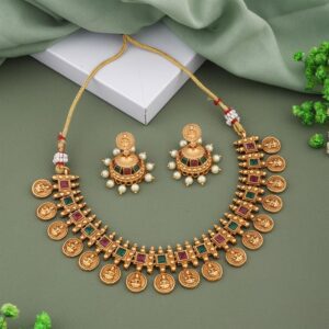 Fashion Frill Necklace Set For Women | Pearls jewellery set for Women | Gold plated Jewellery Set | Temple jewellery set for Women Traditional