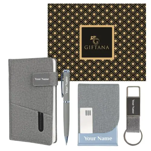 Giftana 4 in 1 Personalized Jute Cover Diary with Pen, Card Holder and Metal Keychain Gift Set with Name, Personalised Gift Set for Doctor, Husband, Father, New Year Corporate...