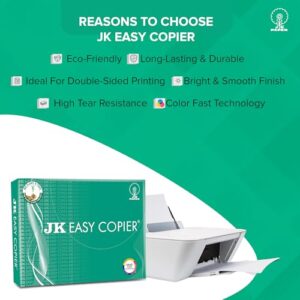 JK Easy Copier Paper | A4 Size | 70 GSM | 500 Sheets | White Paper, 1 Ream | For Laserjet & Inkjet Printer | Fast Drying | Both Side Print | Eco Friendly | ColorLok (Pack of 1)...