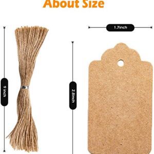 KREEPO 100pcs Premium Gift Tags, Double-Sided Available Kraft Paper Price Tags with 100 Root Natural Jute Twine, Craft Tags Labels Treats Tags for Wedding Christmas Day...