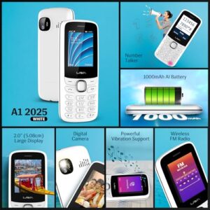 Lava A1 Vibe (2025) Dual SIM Keypad Phone with 2'' Big Display | Long-Lasting AI Battery | Vibration Alert | FM Radio & MP3 Player | Military-Grade Durability – White