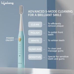 Lifelong Rechargeable Toothbrush for Adults - Smart Brush with 5 Cleaning Modes & Smart Auto Shut-Off - Waterproof Electronic Toothbrush with 2 Electric Heads, 500mAh...