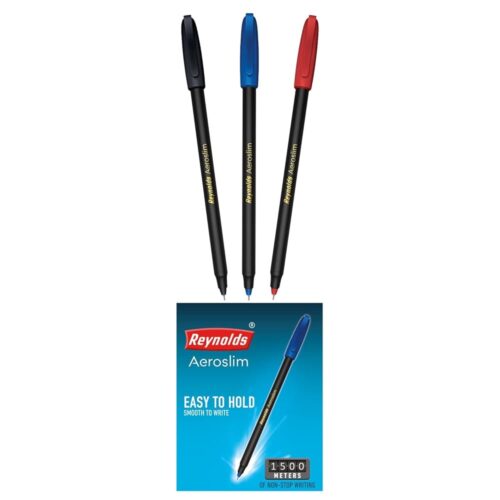 Reynolds AEROSLIM 15 CT 5 BLUE 5 BLACK 5 RED | Ball Point Pen Set With Comfortable Grip | Pens For Writing | School and Office Stationery | Pens For Students | 0.7mm Tip Size