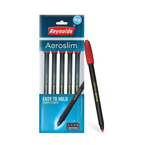 Reynolds AEROSLIM Ball Pen SET - 5 Red PENS WITH COMFORTABLE GRIP |BALL PENS FOR WRITING | PEN FOR STUDENTS & OFFICE STATIONERY | 0.7 mm TIP SIZE
