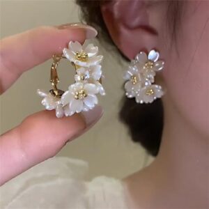 Shining Diva Fashion Latest Sweet Romantic Elegant White Flower Hoop Earrings | Stylish Shell Resin Delicate Pearl Flower Zircon Earrings | Trendy Versatile Jewellery | Light...