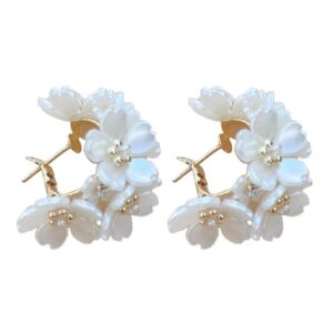 Shining Diva Fashion Latest Sweet Romantic Elegant White Flower Hoop Earrings | Stylish Shell Resin Delicate Pearl Flower Zircon Earrings | Trendy Versatile Jewellery | Light...