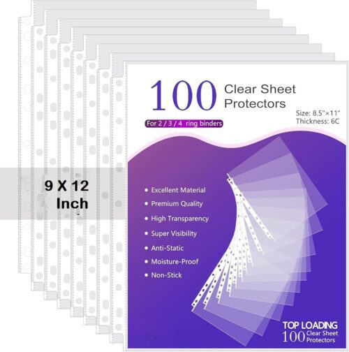 Shuban A4 Size Transparent Sheet Protectors Top Loading, Clear, Reinforced 11-Hole, Acid-Free, Archival Safe for Documents and Photos (100 Pcs)