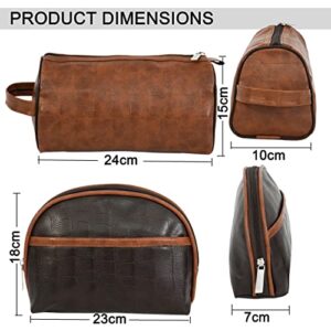 SNDIA 2-Set PU Leather Toiletry Travel Bags for Men and Women, Shaving Kit Bag, Makeup Cosmetic Pouch for Women and Men (Him & Her) Brown