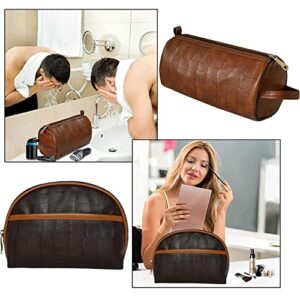 SNDIA 2-Set PU Leather Toiletry Travel Bags for Men and Women, Shaving Kit Bag, Makeup Cosmetic Pouch for Women and Men (Him & Her) Brown