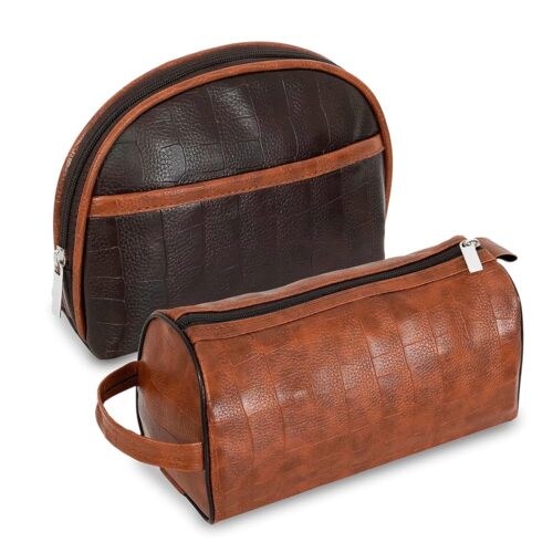 SNDIA 2-Set PU Leather Toiletry Travel Bags for Men and Women, Shaving Kit Bag, Makeup Cosmetic Pouch for Women and Men (Him & Her) Brown