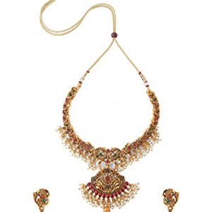 Yellow Chimes Necklace Set For Women And Girls Traditional Jewellery set for women Gold-Plated Temple Necklace Set Stone-Studded Necklace Set For Women & Girls