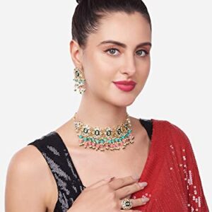 ZAVERI PEARLS Pink & Green Beads Cluster Drops Kundan Choker Necklace Earring & Ring Set For Women-ZPFK13800