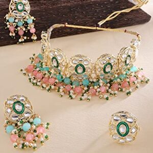 ZAVERI PEARLS Pink & Green Beads Cluster Drops Kundan Choker Necklace Earring & Ring Set For Women-ZPFK13800