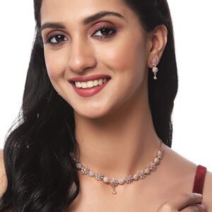 ZENEME Rhodium Plated Silver Toned White American Diamond Studded Necklace With Earring Jewellery Set For Woment and Girl