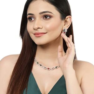 ZENEME Rhodium-Plated with Silver-Toned White Cubic Zirconia & American Diamond studded Necklace and Drop Earrings Jewellery Set for women