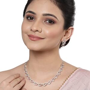 ZENEME Rhodium-Plated with Silver-Toned White Cubic Zirconia & American Diamond studded Necklace and Drop Earrings Jewellery Set for women