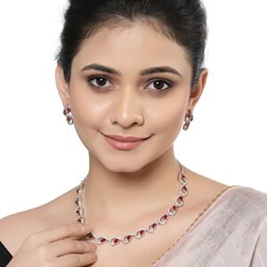 ZENEME Rhodium-Plated with Silver-Toned White Cubic Zirconia & American Diamond studded Necklace and Drop Earrings Jewellery Set for women