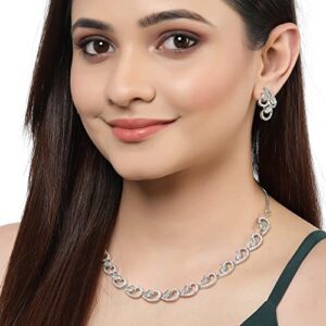 ZENEME Rhodium-Plated with Silver-Toned White Cubic Zirconia & American Diamond studded Necklace and Drop Earrings Jewellery Set for women