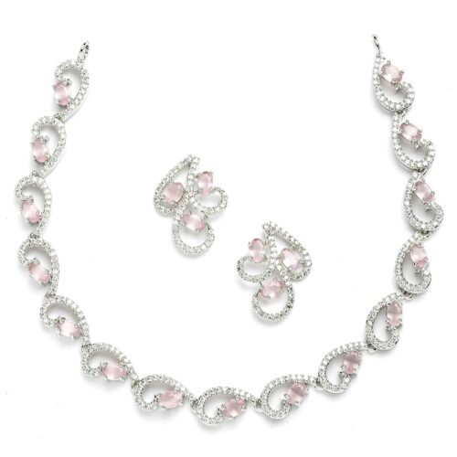 ZENEME Rhodium-Plated with Silver-Toned White Cubic Zirconia & American Diamond studded Necklace and Drop Earrings Jewellery Set for women