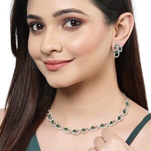 ZENEME Rhodium-Plated with Silver-Toned White Cubic Zirconia & American Diamond studded Necklace and Drop Earrings Jewellery Set for women