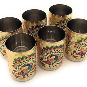 2heet Handicrafts Set of 6 Stain Less Steel Glass Indian Hand Made Meena Work Peacock Design Golden Color Diwali Christmas Tumbler Gift Set Item (Golden) 250 ml
