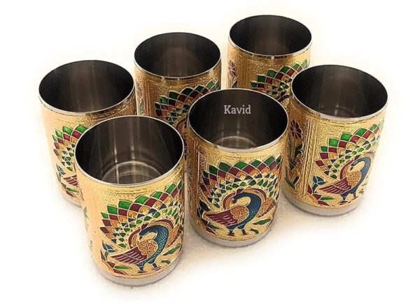 2heet Handicrafts Set of 6 Stain Less Steel Glass Indian Hand Made Meena Work Peacock Design Golden Color Diwali Christmas Tumbler Gift Set Item (Golden) 250 ml