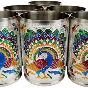 2heet Handicrafts Set of 6 Stain Less Steel Glass Indian Hand Made Meena Work Peacock Design Golden Color Diwali Christmas Tumbler Gift Set Item (Silver) 250 ml