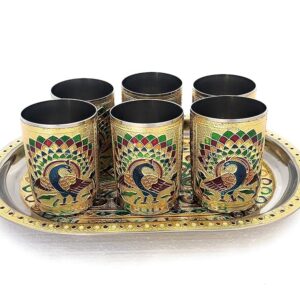 2heet Handicrafts Set of 6 Stain Less Steel Glass Indian Hand Made Meena Work Peacock Design Golden Color Diwali Christmas Tumbler Gift Set Item (Handicraft Serving Tray Set...
