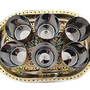 2heet Handicrafts Set of 6 Stain Less Steel Glass Indian Hand Made Meena Work Peacock Design Golden Color Diwali Christmas Tumbler Gift Set Item (Handicraft Serving Tray Set...