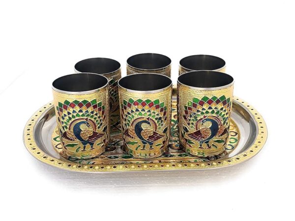 2heet Handicrafts Set of 6 Stain Less Steel Glass Indian Hand Made Meena Work Peacock Design Golden Color Diwali Christmas Tumbler Gift Set Item (Handicraft Serving Tray Set...