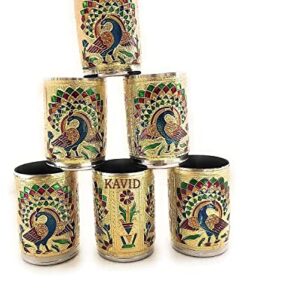 2heet Handicrafts Set of 6 Stain Less Steel Glass Indian Hand Made Meena Work Peacock Design Golden Color Diwali Christmas Tumbler Gift Set Item (Golden) 250 ml