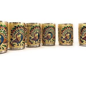 2heet Handicrafts Set of 6 Stain Less Steel Glass Indian Hand Made Meena Work Peacock Design Golden Color Diwali Christmas Tumbler Gift Set Item (Golden) 250 ml