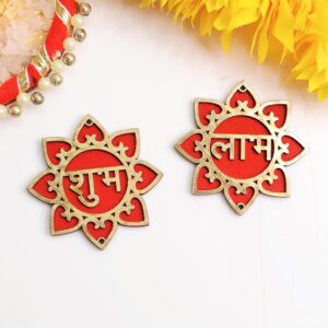 9Dzine MDF Floral Shubh Labh Sticker for Wall Decor 1 Pair | Unique Sticker for Main Door Entrance Diwali Decoration Mandir Temple Festival Gifts