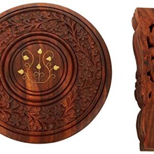 A S Handicrafts Handmade Wooden Table Round Vase with 3 Leg Carving Brass Folding Stool