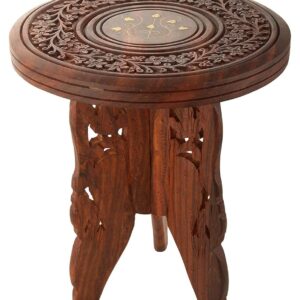 A S Handicrafts Handmade Wooden Table Round Vase with 3 Leg Carving Brass Folding Stool
