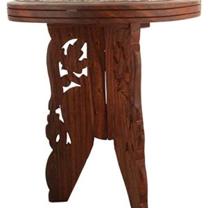 A S Handicrafts Handmade Wooden Table Round Vase with 3 Leg Carving Brass Folding Stool