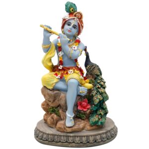 alikiki Hindu God Krishna Statue - 5.5”H India Lord Krishna Idol Play The Flute w/Peacock Murti Item Home Office Temple Mandir Shrine Altar Pooja Decor Diwali Puja Decor Gifts...