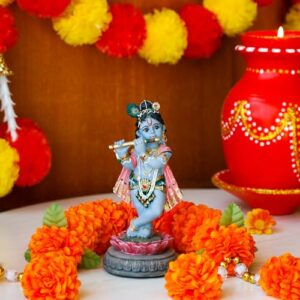 alikiki Hindu Krishna Idol Statue - 5.7”H Indian God Lord Krishna on Lotus Playing Flute India Murti Item Home Office Temple Mandir Shrine Altar Pooja Decor Diwali Puja Gifts...