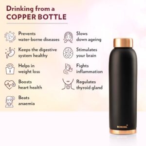 BOROSIL Colour Copper bottle 1 Litre, Black 100% Pure Copper, BPA Free & Leakproof with Anti-Oxidant Properties of Copper, for Home, School & Office