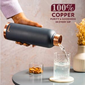 BOROSIL Colour Copper Bottle 1 Litre, Grey - 100% Pure Copper, BPA Free & Leakproof With Anti-Oxidant Properties for Home, School & Office