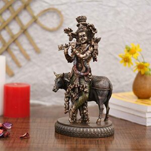 Collectible India Krishna Playing Flute Idols with Kamdhenu Cow Statue - Hindu God Religious Idol Krishan Showpiece Figurine for Home Puja Room Mandir Temple Office Living Room...