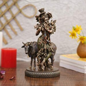 Collectible India Krishna Playing Flute Idols with Kamdhenu Cow Statue - Hindu God Religious Idol Krishan Showpiece Figurine for Home Puja Room Mandir Temple Office Living Room...