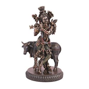 Collectible India Krishna Playing Flute Idols with Kamdhenu Cow Statue - Hindu God Religious Idol Krishan Showpiece Figurine for Home Puja Room Mandir Temple Office Living Room...