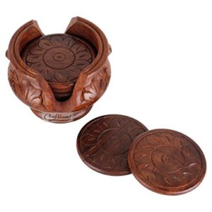 Craftland Wooden Handmade Carved Set of 6 with Decorative Holder Tabletop Coasters for Tea Coffee Cups Mugs Beer Cans Bar Glass Indian Handicrafts