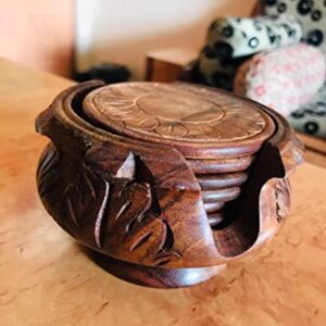 Craftland Wooden Handmade Carved Set of 6 with Decorative Holder Tabletop Coasters for Tea Coffee Cups Mugs Beer Cans Bar Glass Indian Handicrafts