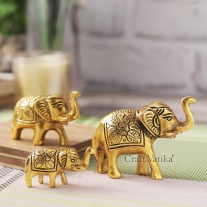 CraftVatika Set of 3 Metal Trunk Up Elephant Family Statue Showpiece Figurine -Fengshui Vastu Lucky - Decorative Items for Home Living Room Decor Living Room Office Desktop &...