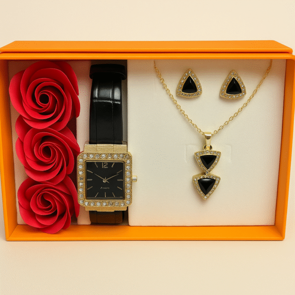Elegant Black & Gold Women's Gift Set with Watch and Jewelry