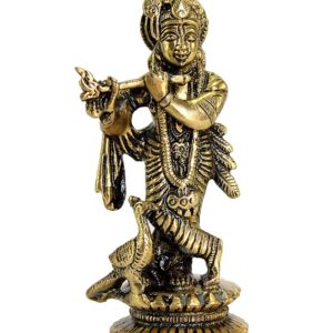 ESPLANADE - Brass Kishan Krishna with Peacock Murti Idol Statue Sculpture - 5" inches for Pooja Mandir or Home Decor
